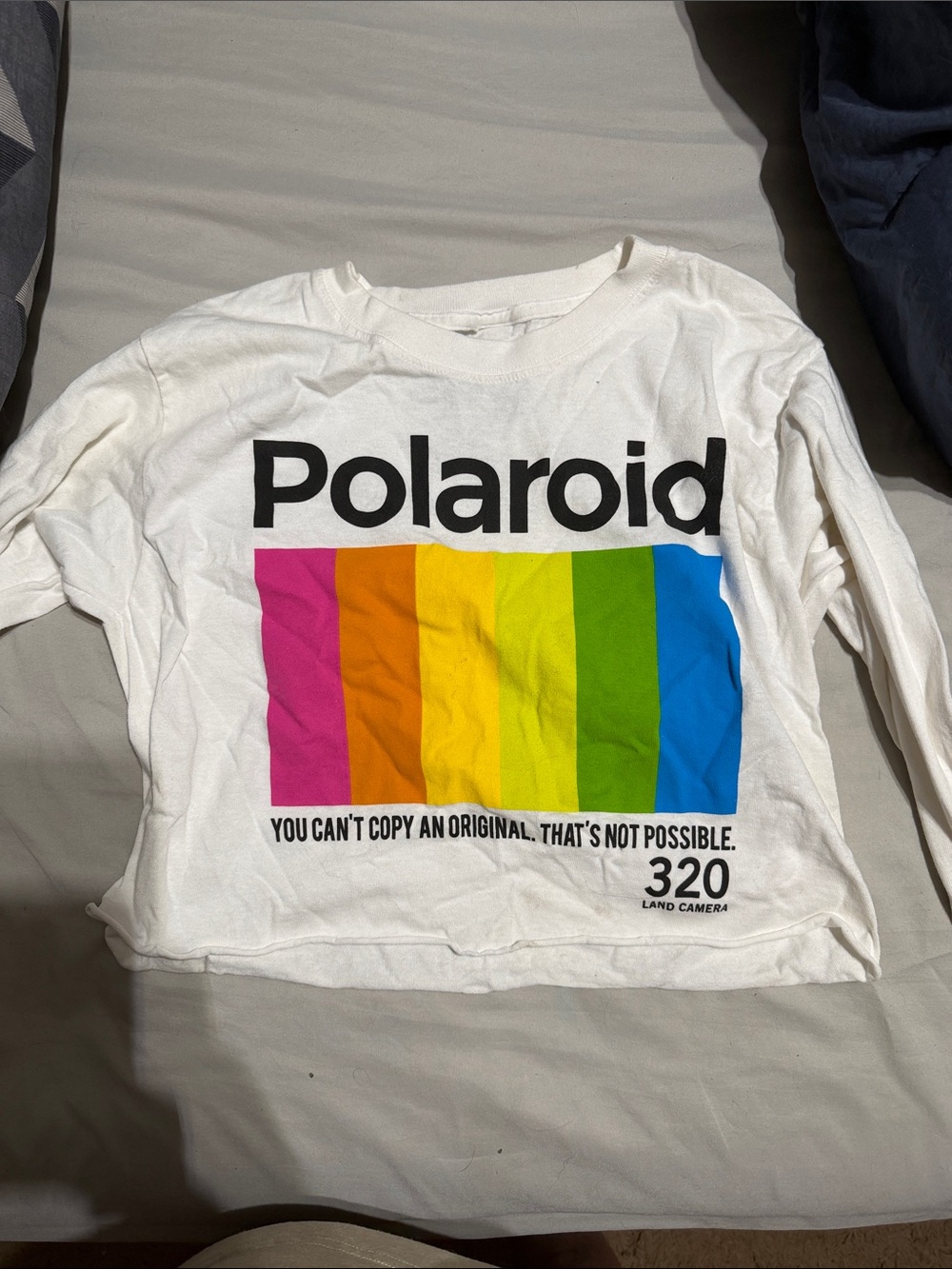 Polaroid White Long-Sleeve Tee with Pink Orange Yellow Green Blue Stripes